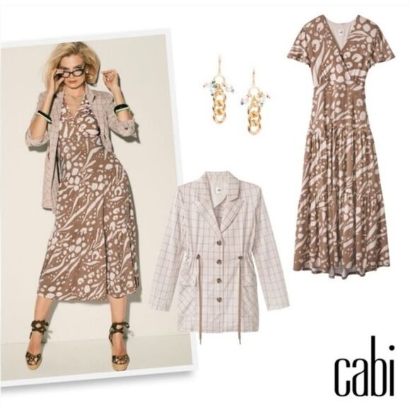 CAbi 6147 Swoon Dress Midi Tiered Swing Work Leisure Taupe Flutter Sleeve Cutout - Picture 4 of 11